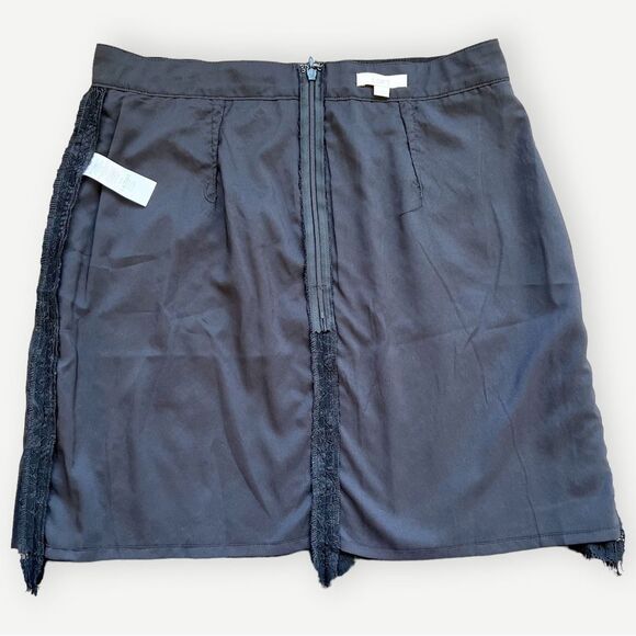 LOFT Black Lace Lined Stretch Waist Asymmetrical Scallop Hem Mini Skirt. 6. - Picture 2 of 7